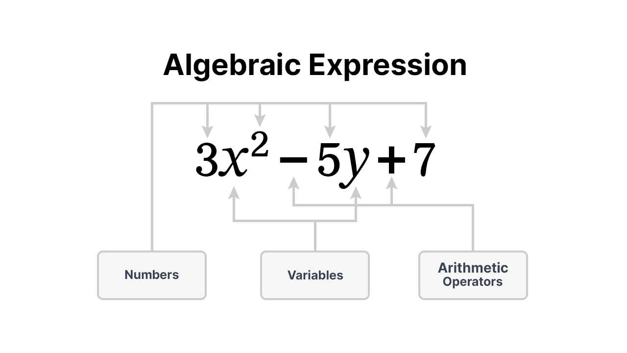 an algebraic expression showing coefficient, variable, constant, and operator